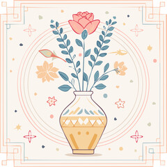Beautiful hand-drawn vase with flowers in pastel colors, surrounded by decorative hearts and blossoms. Elegant floral illustration perfect for decor, cards, and prints