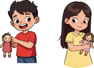 Cute cartoon illustration of happy boy in red shirt and smiling girl in yellow dress holding dolls, playful childhood vector design