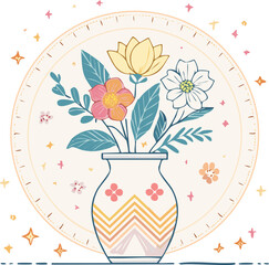 Beautiful hand-drawn vase with flowers in pastel colors, surrounded by decorative hearts and blossoms. Elegant floral illustration perfect for decor, cards, and prints