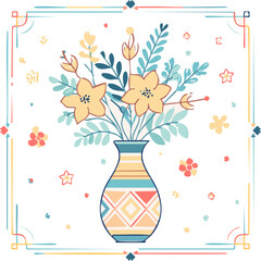 Beautiful hand-drawn vase with flowers in pastel colors, surrounded by decorative hearts and blossoms. Elegant floral illustration perfect for decor, cards, and prints