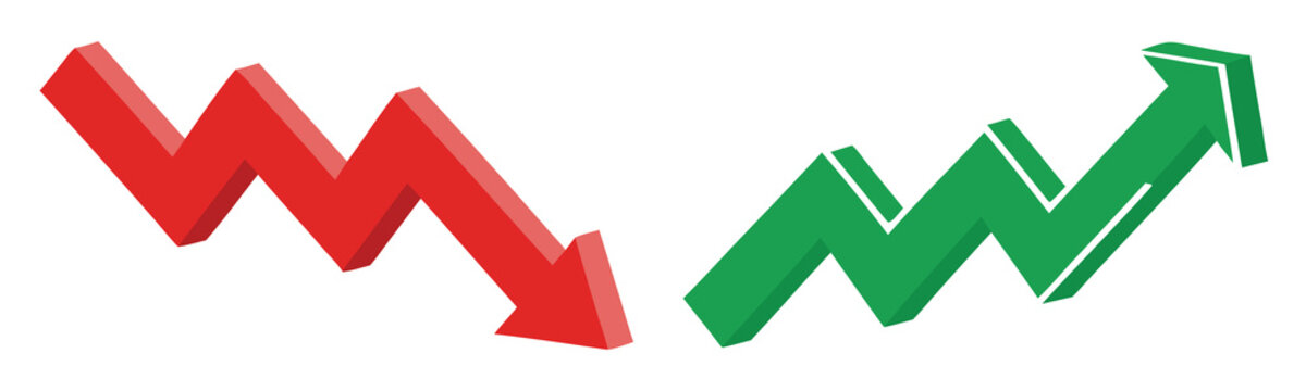 Green up and red down 3d arrow graph showing rising and descending trend, boosting of business result, decrease and growing investment profit symbol 