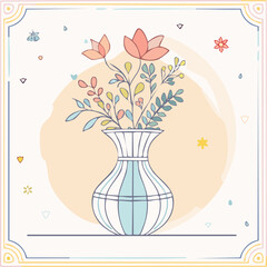 Beautiful hand-drawn vase with flowers in pastel colors, surrounded by decorative hearts and blossoms. Elegant floral illustration perfect for decor, cards, and prints