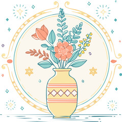 Beautiful hand-drawn vase with flowers in pastel colors, surrounded by decorative hearts and blossoms. Elegant floral illustration perfect for decor, cards, and prints