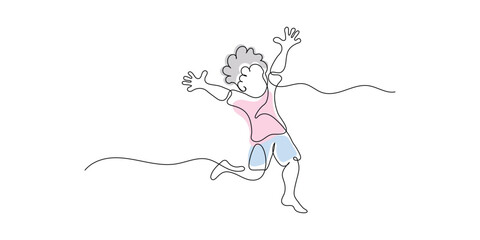 Continuous one line drawing Little cute boy jumping
