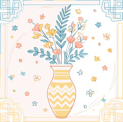 Beautiful hand-drawn vase with flowers in pastel colors, surrounded by decorative hearts and blossoms. Elegant floral illustration perfect for decor, cards, and prints