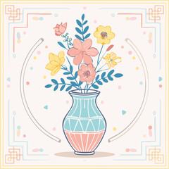 Beautiful hand-drawn vase with flowers in pastel colors, surrounded by decorative hearts and blossoms. Elegant floral illustration perfect for decor, cards, and prints
