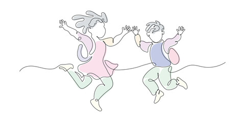 Continuous single line drawing Happy boy and girl pupils with backpacks jumping
