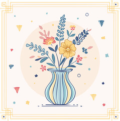 Beautiful hand-drawn vase with flowers in pastel colors, surrounded by decorative hearts and blossoms. Elegant floral illustration perfect for decor, cards, and prints