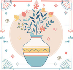 Beautiful hand-drawn vase with flowers in pastel colors, surrounded by decorative hearts and blossoms. Elegant floral illustration perfect for decor, cards, and prints