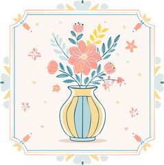 Beautiful hand-drawn vase with flowers in pastel colors, surrounded by decorative hearts and blossoms. Elegant floral illustration perfect for decor, cards, and prints