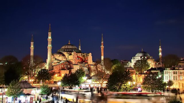 Istanbul at Night A breathtaking view of Hagia Sophia, showcasing stunning architecture and city lights