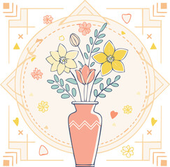 Beautiful hand-drawn vase with flowers in pastel colors, surrounded by decorative hearts and blossoms. Elegant floral illustration perfect for decor, cards, and prints