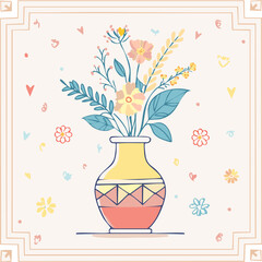 Beautiful hand-drawn vase with flowers in pastel colors, surrounded by decorative hearts and blossoms. Elegant floral illustration perfect for decor, cards, and prints