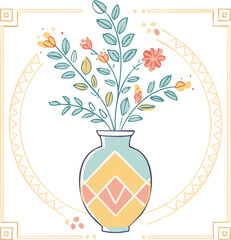Beautiful hand-drawn vase with flowers in pastel colors, surrounded by decorative hearts and blossoms. Elegant floral illustration perfect for decor, cards, and prints