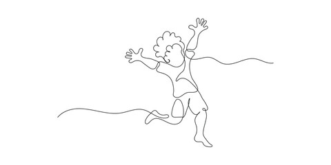 Continuous single line drawing Little cute boy jumping
