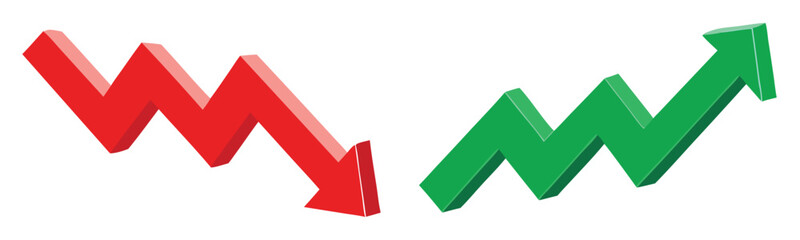 Green up and red down 3d arrow graph showing rising and descending trend, boosting of business result, decrease and growing investment profit symbol 