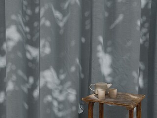 Teapot and cups on rustic wooden table with curtain, soft sunlight and shadow interior mockup 3d rendering