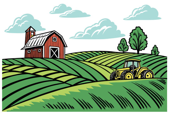 Red barn yellow tractor green rolling farm fields rural