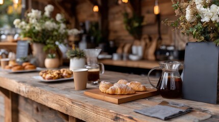 Obraz premium Cozy café setting with baked goods and coffee during a warm afternoon