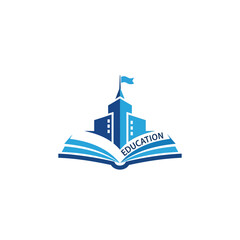 Illustration of a building on top of an open book, , representing education and knowledge acquisition