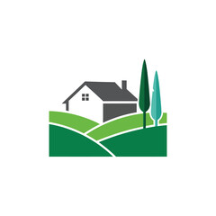Vector art of a serene landscape featuring a charming house nestled among rolling green hills and elegant trees, , evoking tranquility