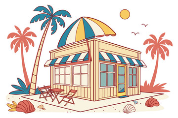Obraz premium Seaside cafe with palm trees and beach umbrellas tropical