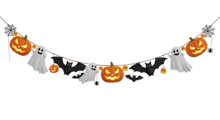 Halloween decorations banner with pumpkins ghosts bats and candy corn garland