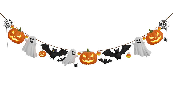 Halloween decorations banner with pumpkins ghosts bats and candy corn garland