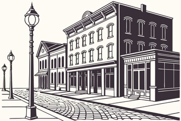 Fototapeta premium Old Town Bay City in Michigan, Victorian riverfront facades with antique lampposts and cobblestone streets