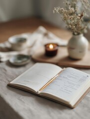 Open notebook with a pen resting on top of it. the notebook is resting on a wooden table with a white tablecloth. on the table, there is also a small vase with dried flowers and a small candle.