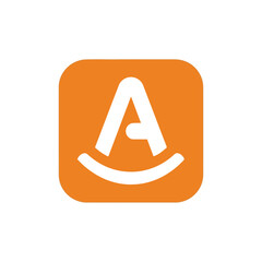 Vector art of orange square logo with white letter a and smile, representing a simple and friendly brand identity