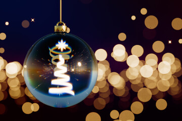 Christmas ornament with illuminated tree design against festive bokeh lights background. 3d rendering