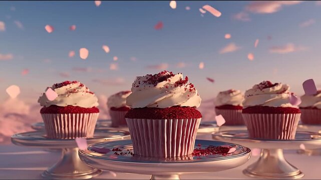 Delicious cupcakes on display with pink cherry blossom petals