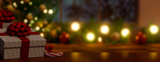 Christmas gifts under a decorated tree with festive lights and ornaments. 3d rendering