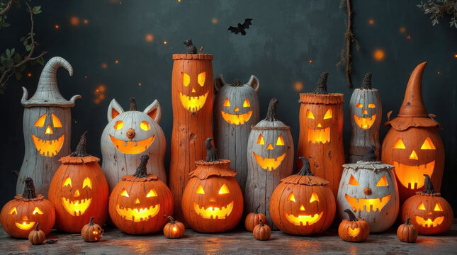 Spooky glowing jack olantern and pumpkin lantern decoration for scary halloween. fun dark display of ghostly faces