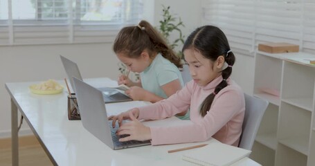 two girl study online on the laptop in the classroom 4k video. - Powered by Adobe