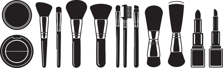 Assorted makeup brushes and cosmetics set