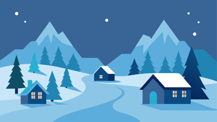 Winter landscape with houses and mountains