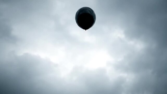 Lone black balloon drifts through dramatic stormy sky symbolizing freedom, loss, or a poignant moment of reflection