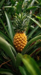 Fototapeta premium Ripe pineapple nestled in vibrant green leaves, fruit close-up, tropical scene
