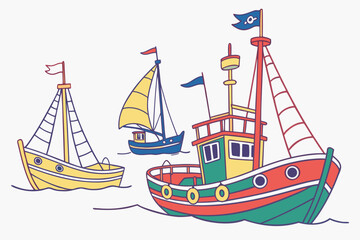Three colorful cartoon boats sailing on water ship