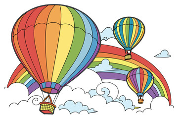 Three colorful hot air balloons with a rainbow and clouds