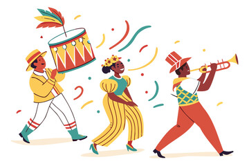 Three people in festive attire celebrating with music and confetti