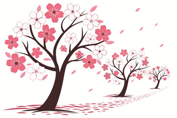 Three stylized cherry blossom trees with pink and white flowers