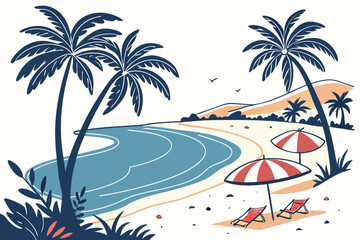 Tropical beach with palm trees and beach chairs ocean