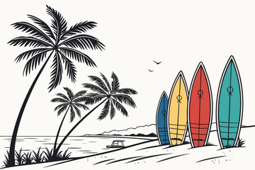 Tropical beach with palm trees and colorful surfboards