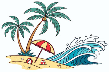 Tropical beach with palm trees umbrella and waves ocean