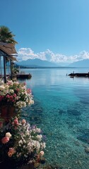 Fototapeta premium Scenic lake view with flowers, clear water, mountains under a sunny sky