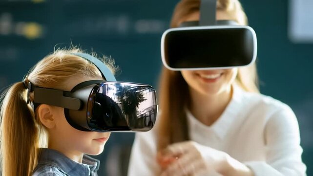 A child and an adult are engaging with virtual reality headsets in a modern classroom. They are exploring new educational experiences, showcasing innovation in learning.