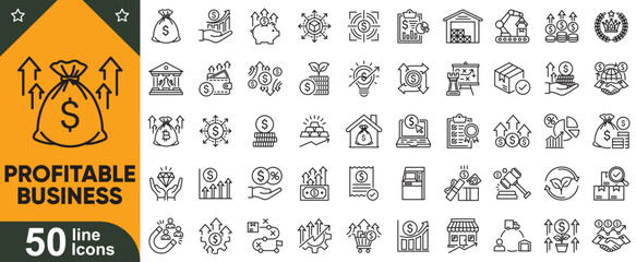 Profitable business icons collection. Pack finance, money, investment, banking, growth, strategy, bar chart and more. Editable stroke vector illustration.